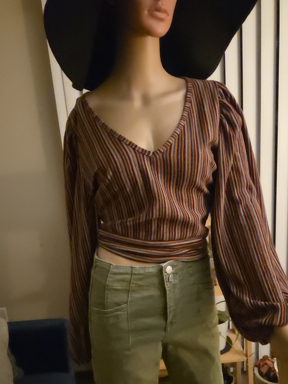 Free People Brown Striped V-Neck Wrap Crop Top